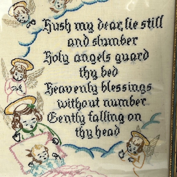 Vintage Framed Prayer Embroidered Childs Bedtime Angels Signed Dated 1940 - Picture 2 of 8